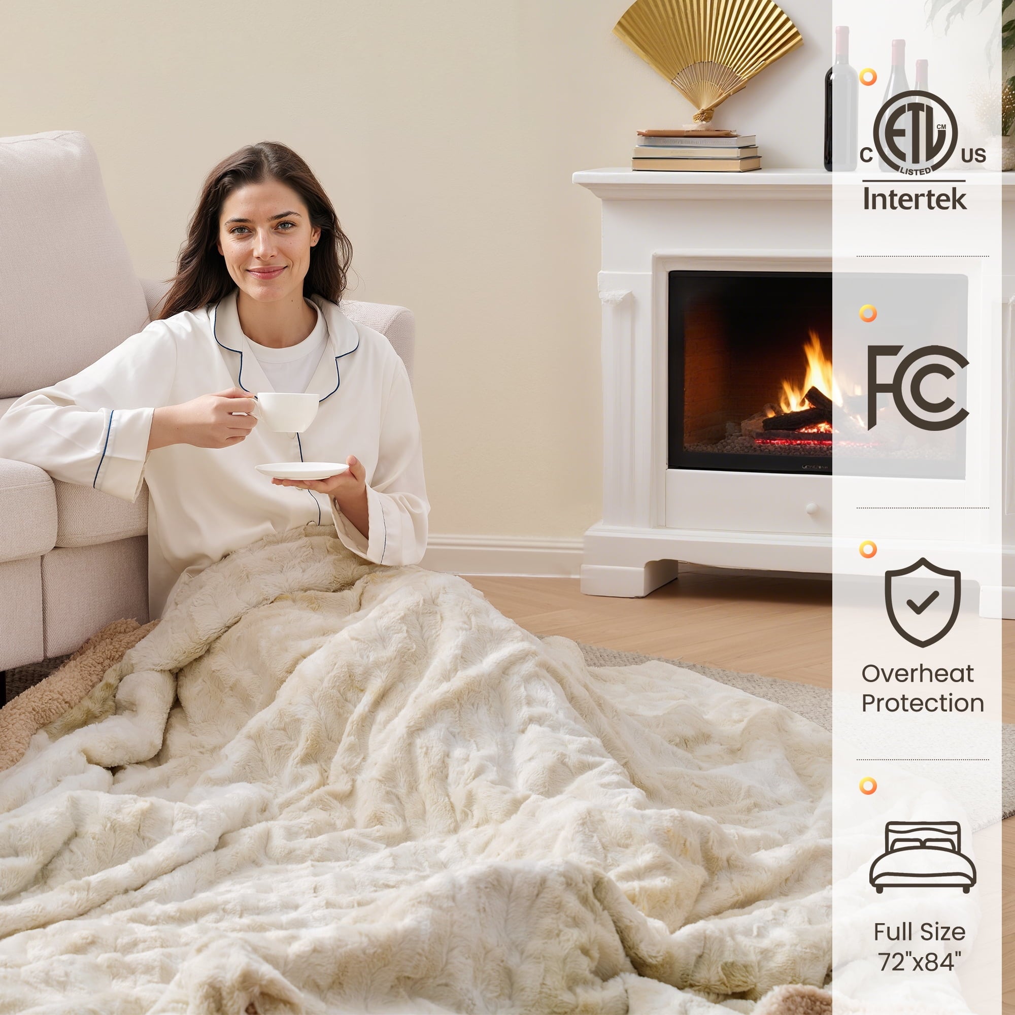 MARNUR Heated Blanket 72"x84" Faux Fur & Sherpa Electric Blanket with 6 Heat Levels, 10H Timer, LED Display, Machine Washable, Tie-Dye Off-White