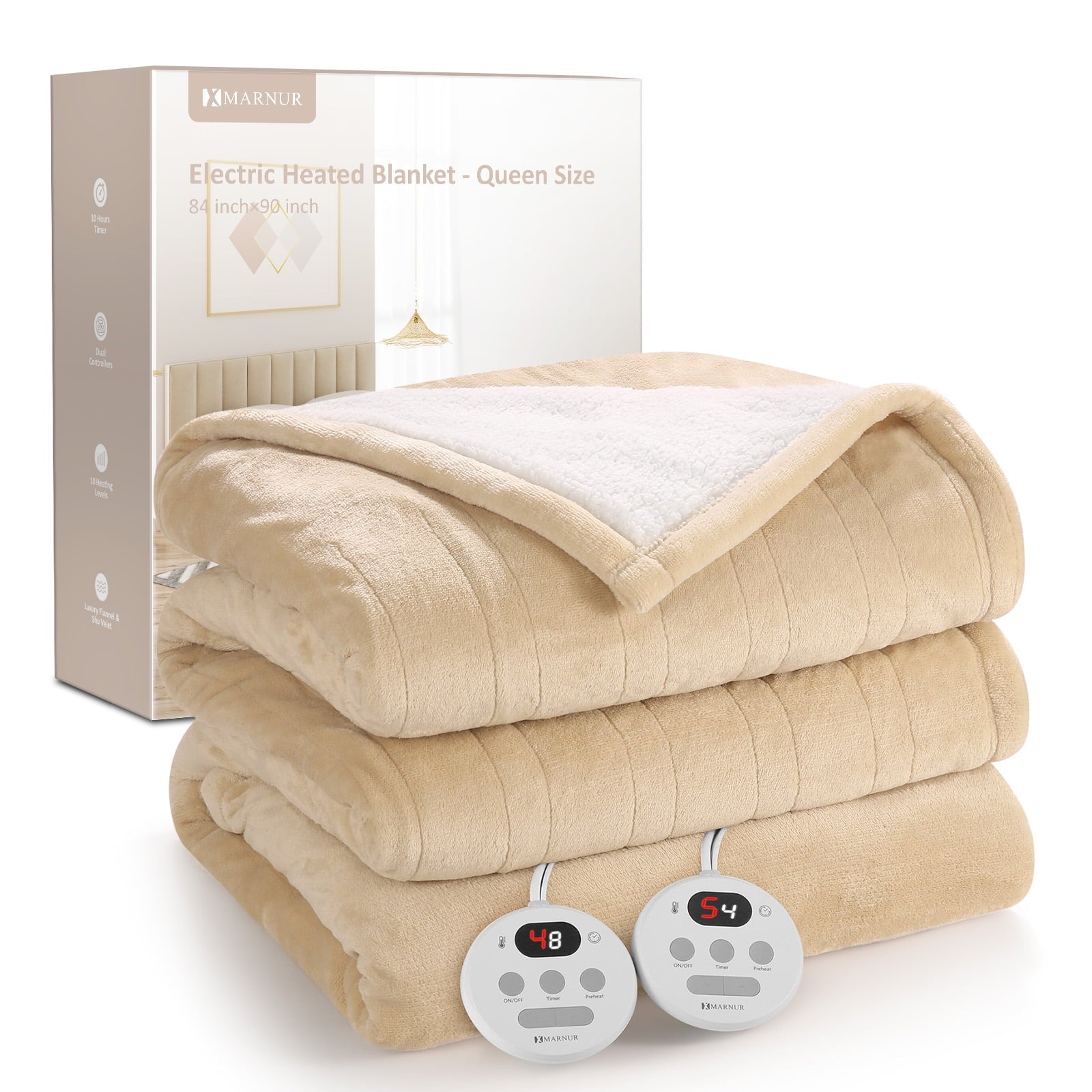 MARNUR Heated Blanket Queen Size 84''x90'', Fast Heating with Dual Controllers Electric Blanket, 10 Heating Levels, 10H Timer, Preheat Function - Beige