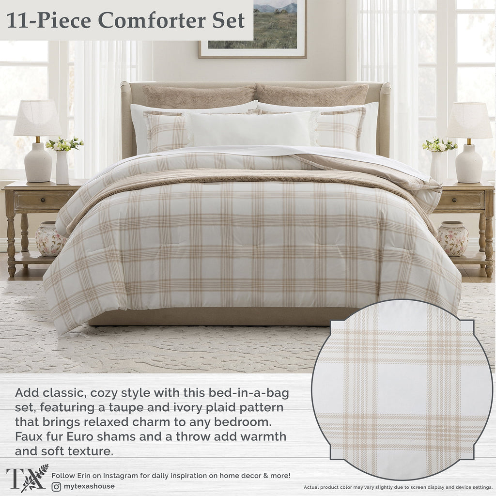 My Texas House Plaid 11-Piece Comforter Set with Sheets, Taupe, Queen