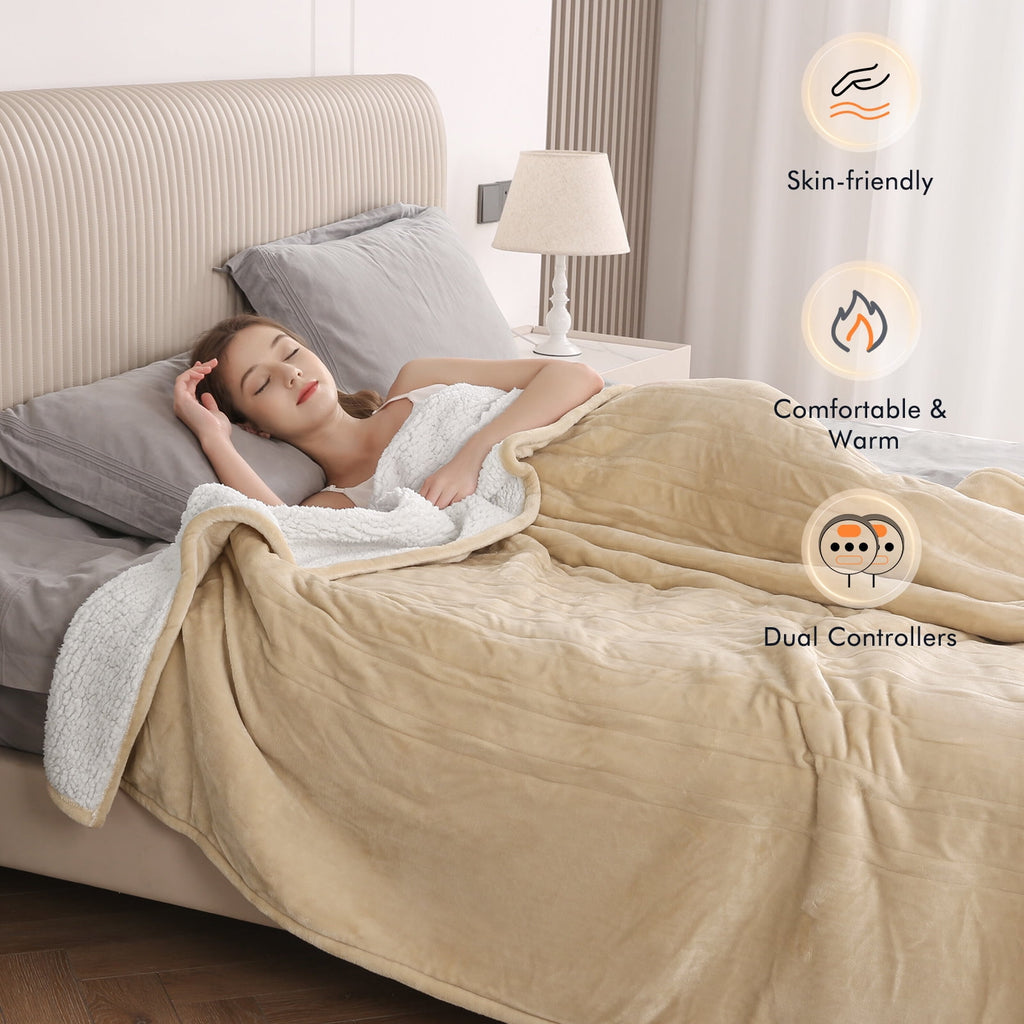 MARNUR Heated Blanket Queen Size 84''x90'', Fast Heating with Dual Controllers Electric Blanket, 10 Heating Levels, 10H Timer, Preheat Function - Beige