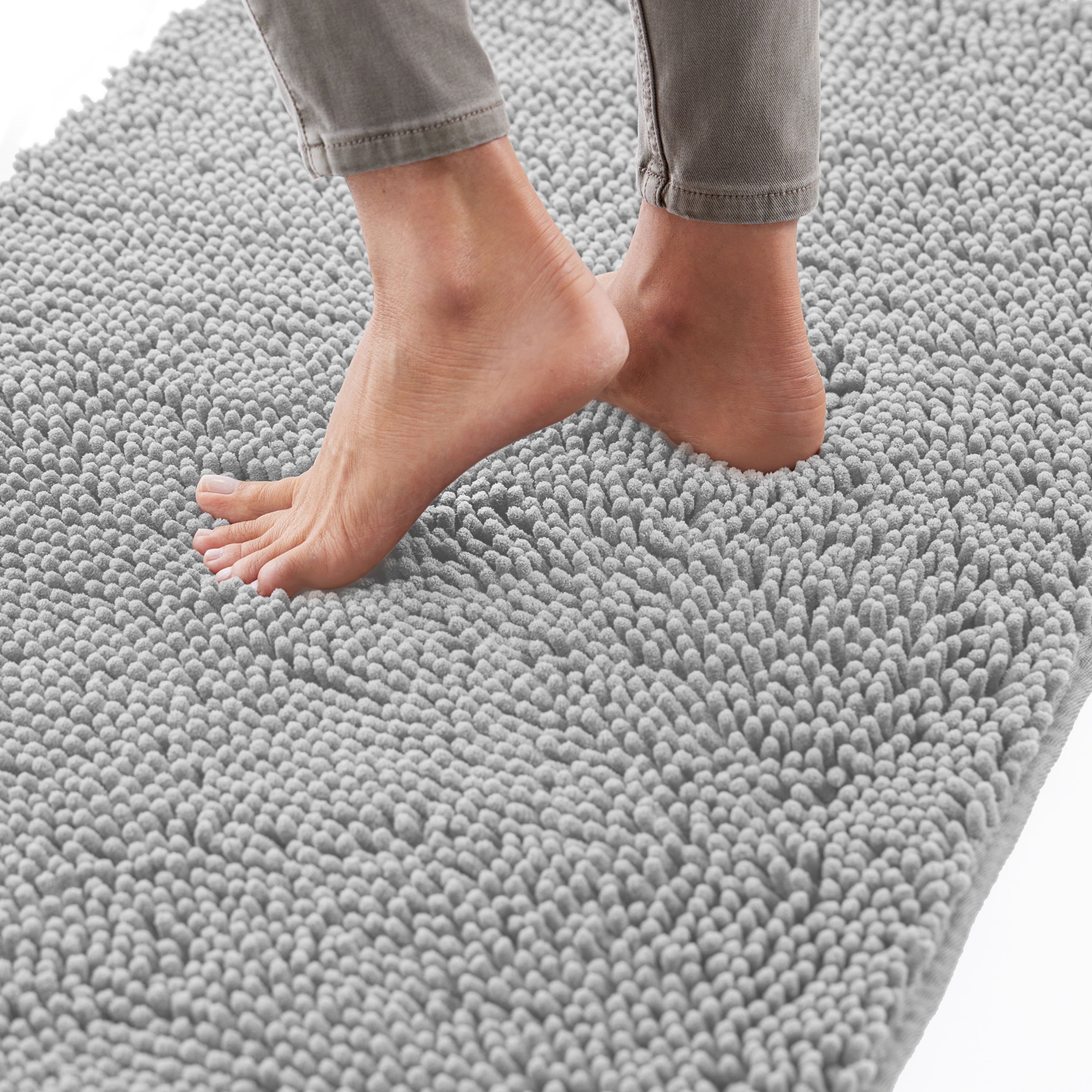 GORILLA GRIP Chenille Bath Rug 24x17, Rubber Backing Quick Dry Washable Microfiber Mats, Grey
