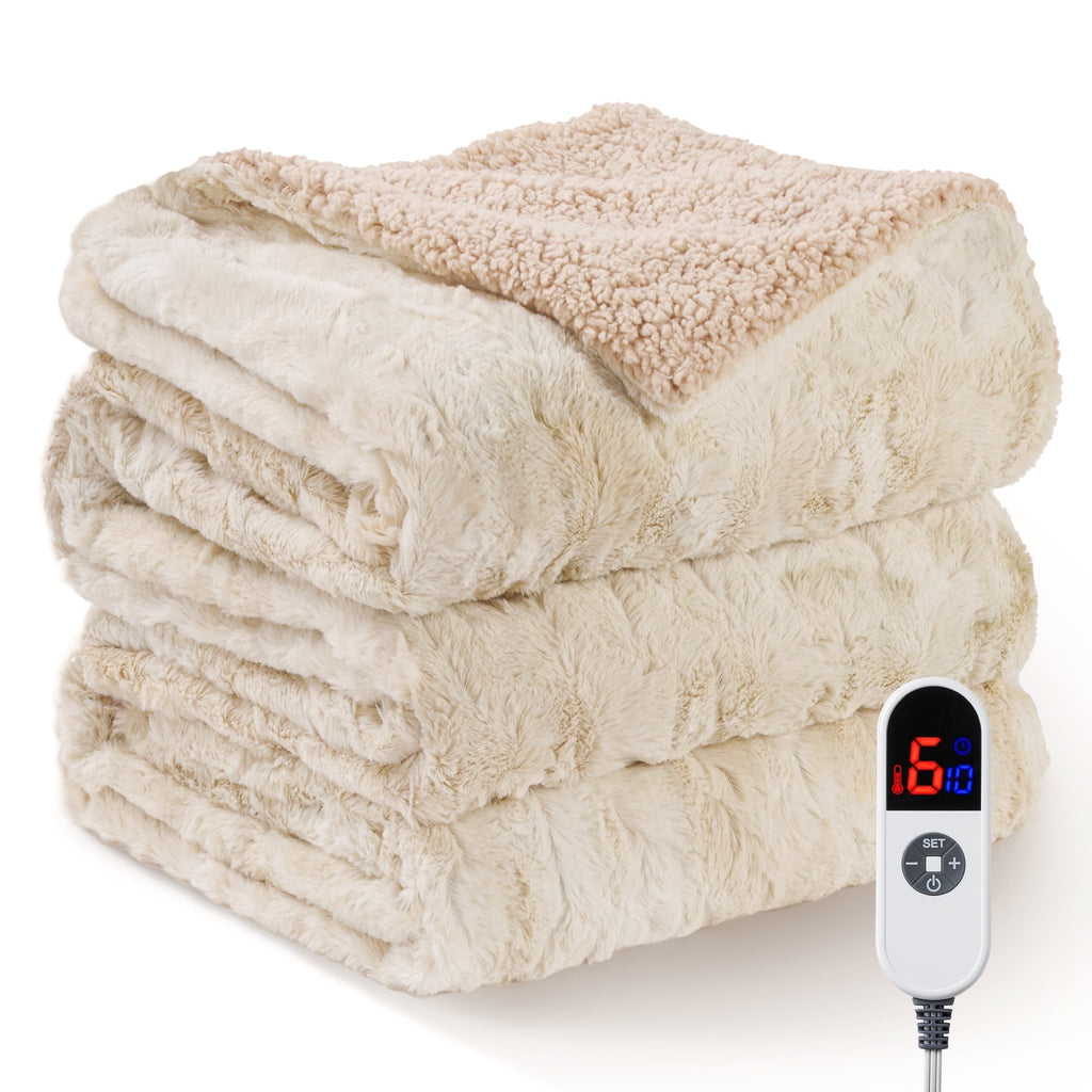 MARNUR Heated Blanket 72"x84" Faux Fur & Sherpa Electric Blanket with 6 Heat Levels, 10H Timer, LED Display, Machine Washable, Tie-Dye Off-White