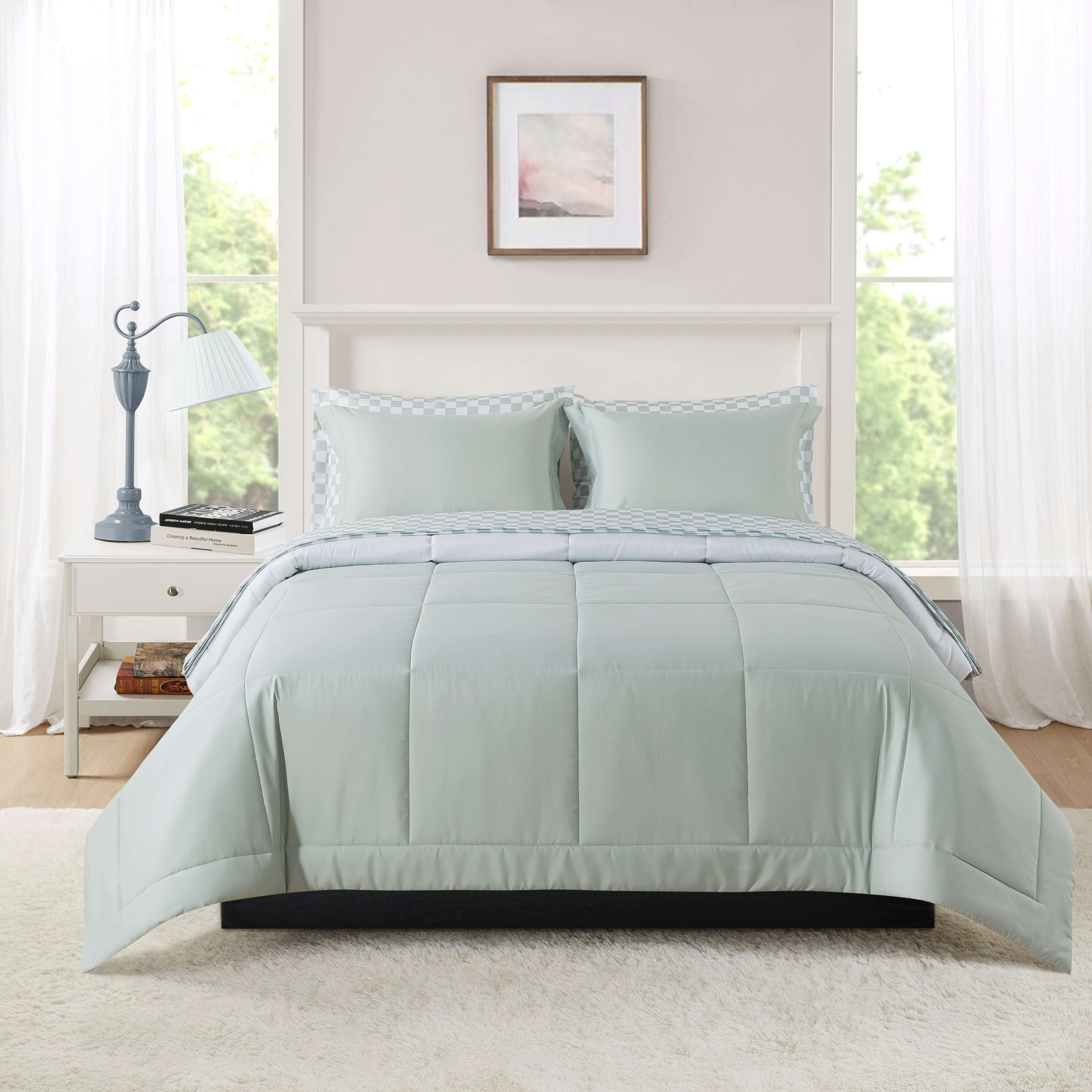Mainstays All in One Reversible Comforter and Sheet Set- 7 Piece, Queen, Blue Pinstripe