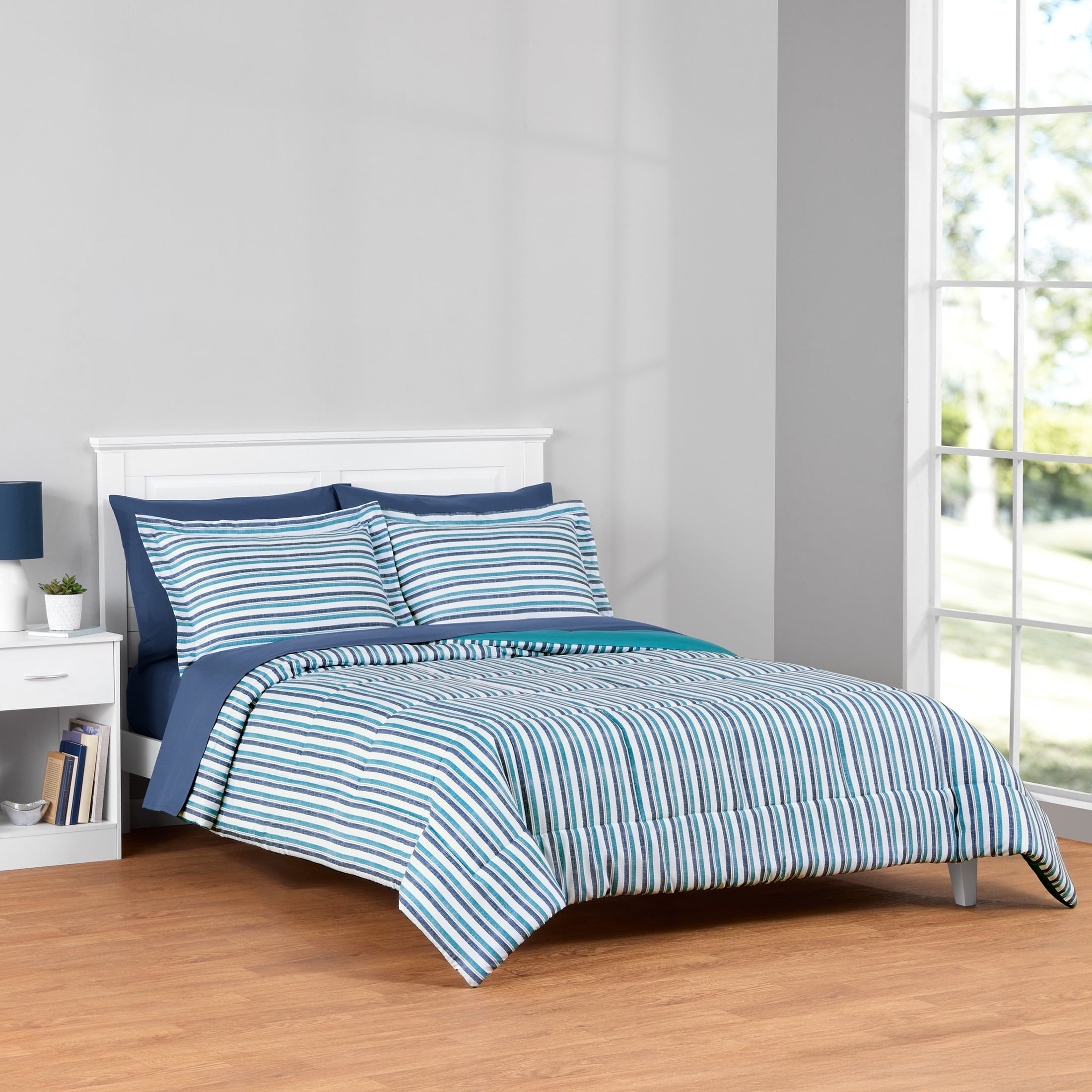 Mainstays All in One Reversible Comforter and Sheet Set- 7 Piece, Queen, Blue Pinstripe