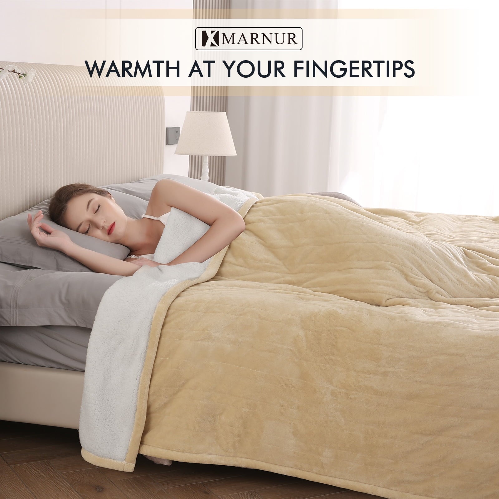MARNUR Heated Blanket Queen Size 84''x90'', Fast Heating with Dual Controllers Electric Blanket, 10 Heating Levels, 10H Timer, Preheat Function - Beige