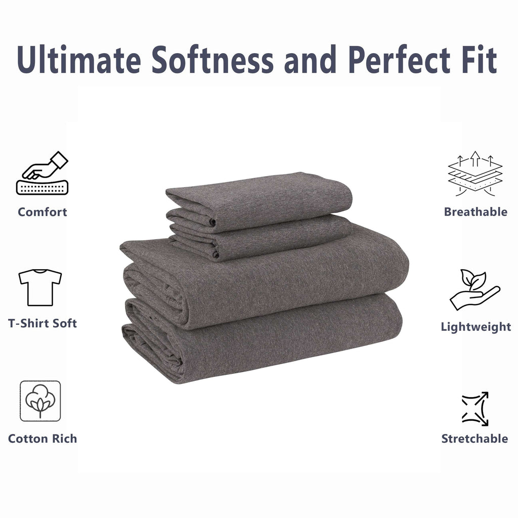 Mainstays Cotton Rich Extra Soft Jersey Bed Sheet Set, Queen, Charcoal, 4 Pieces