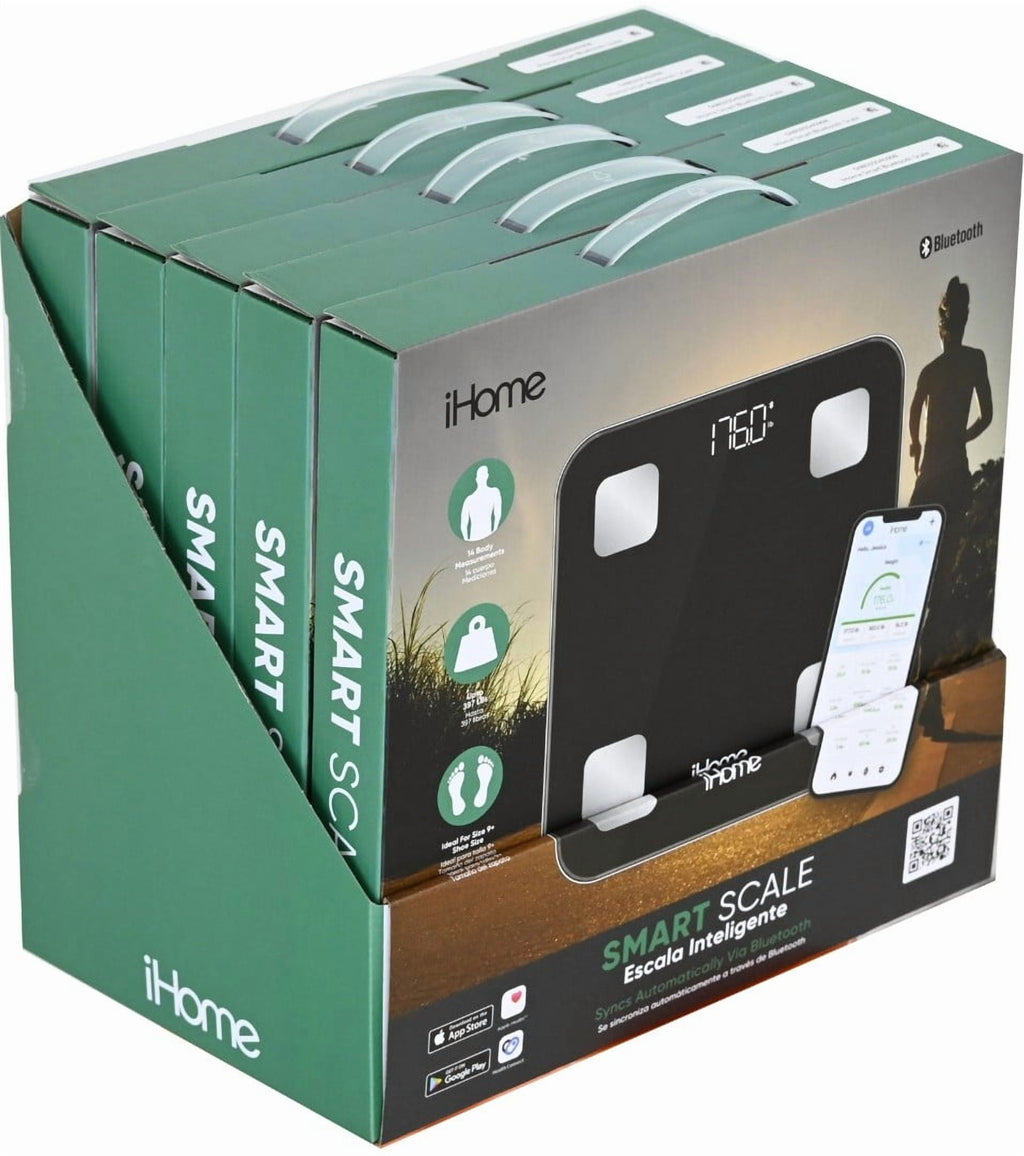 iHome Smart Bluetooth Digital Battery Powered Bathroom Scale, Body Weight & BMI Weighing 397 lbs with Fit+ Personal Coach App, FSA and HSA Eligible, Black