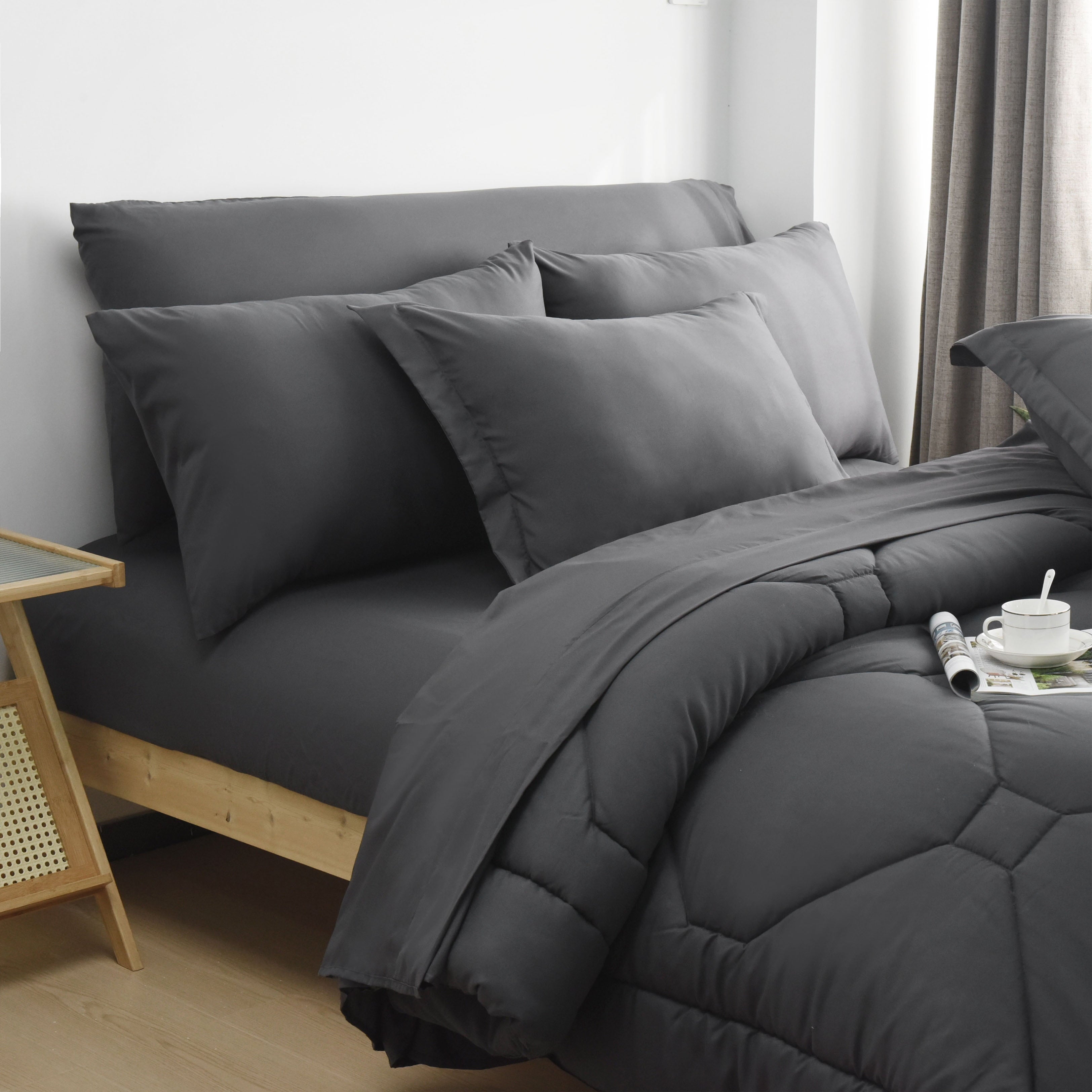 HIG 8 PCS Modern Comforter Set with Sheets All Season Bed in a Bag, Dark Gray, Queen Size