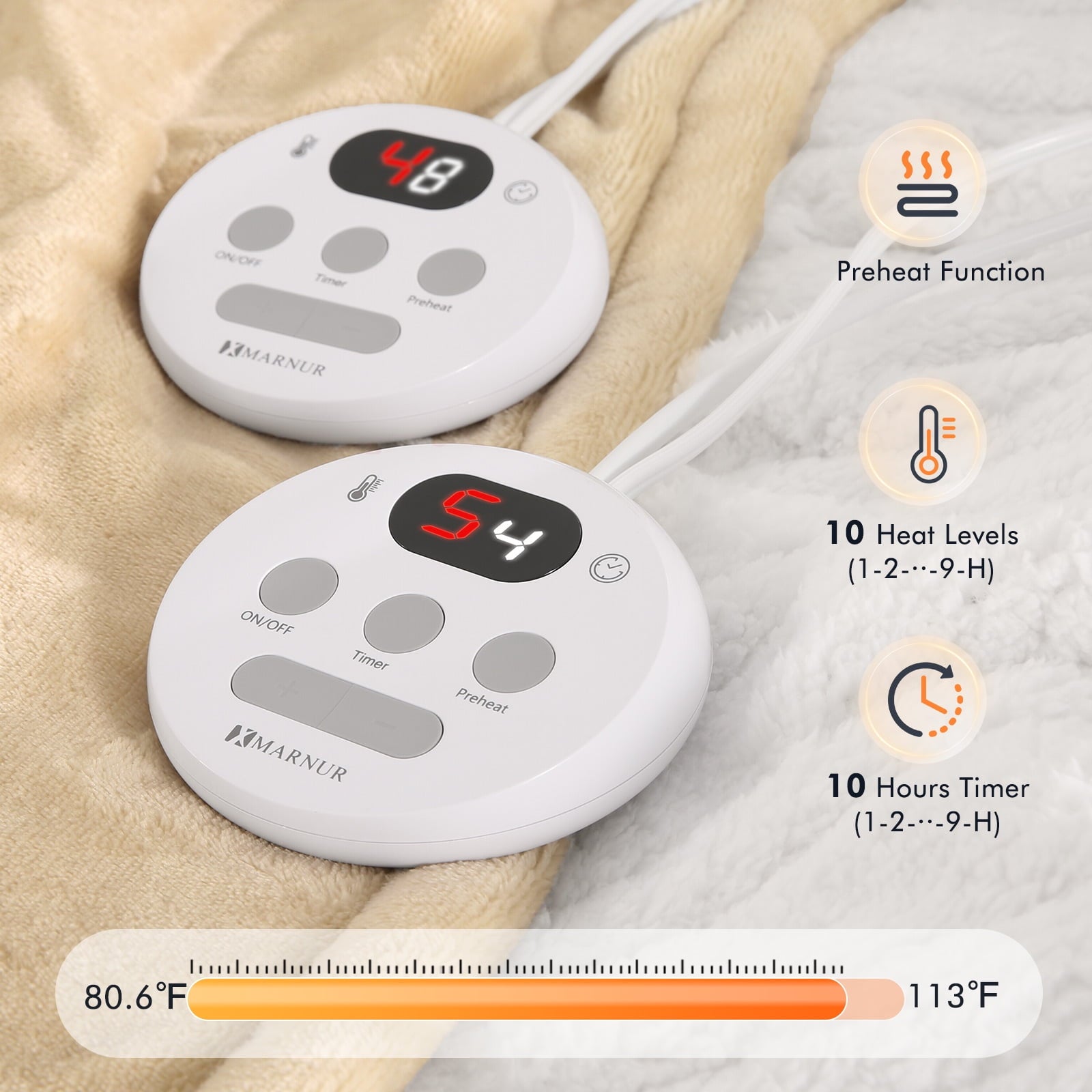 MARNUR Heated Blanket Queen Size 84''x90'', Fast Heating with Dual Controllers Electric Blanket, 10 Heating Levels, 10H Timer, Preheat Function - Beige